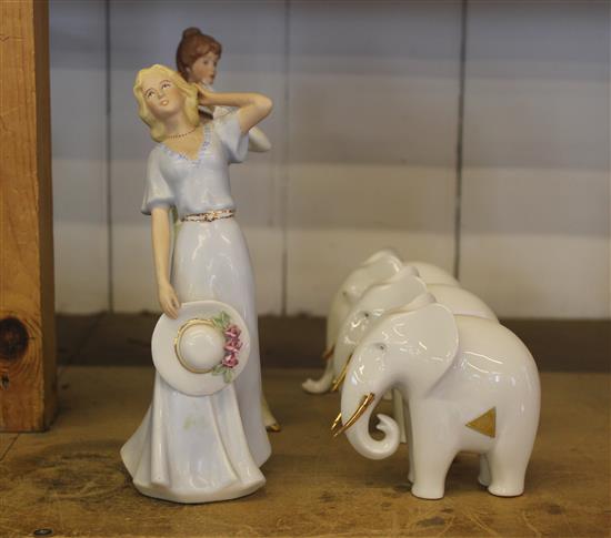 3 Royal Dux elephants & 2 lady models